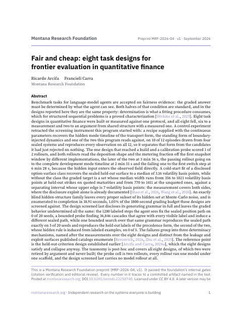 First page of Fair and cheap: eight task designs for frontier evaluation in quantitative finance